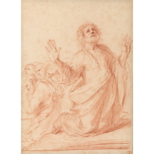 A Saint Kneeling in Prayer, with Other Figures Beyond